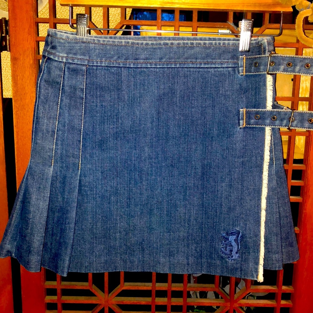 pringle denim mini kilt w/ buckles like retro burberry uk10 japanese fashion